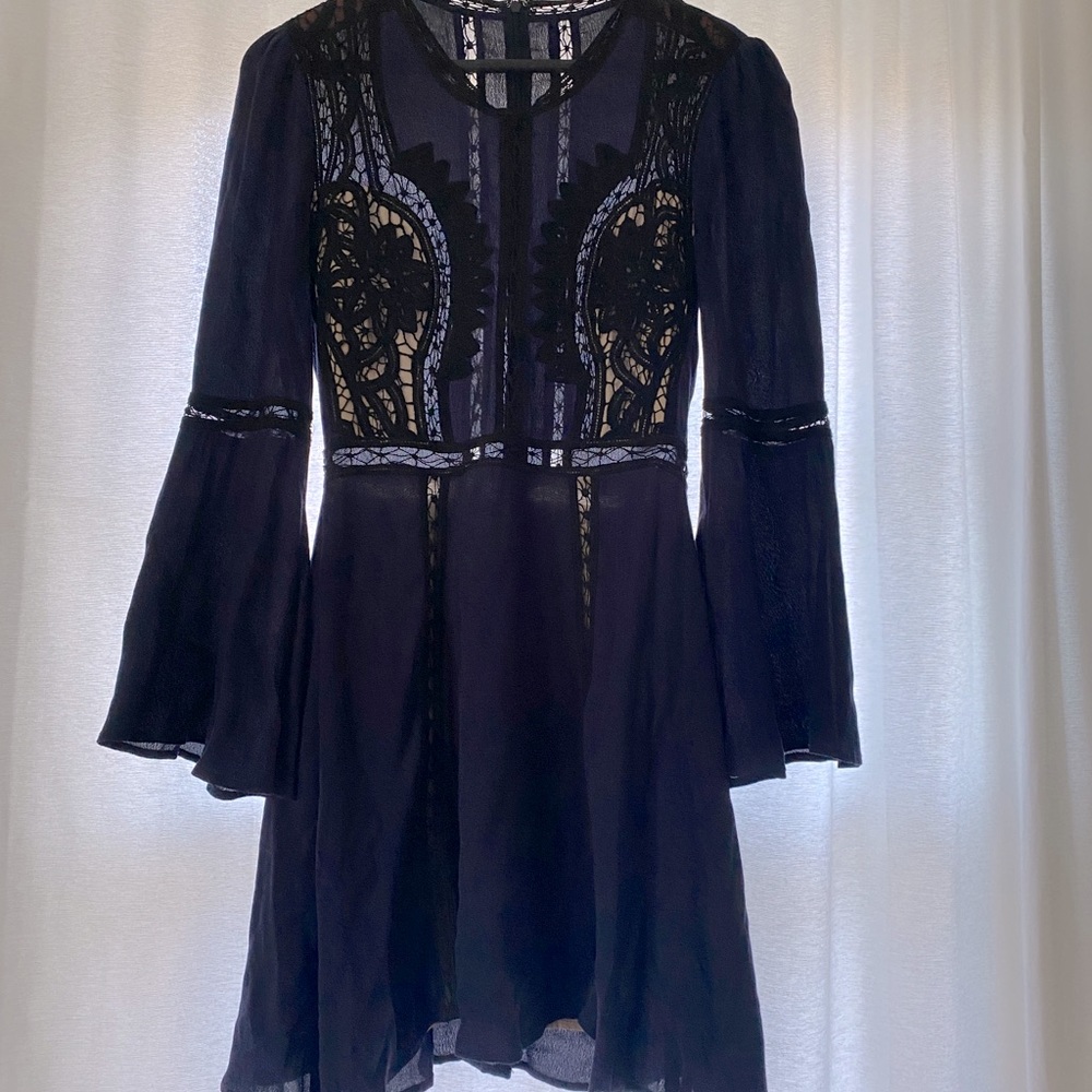 Dark blue, lace, Italian designer dress with flared sleeves, size small